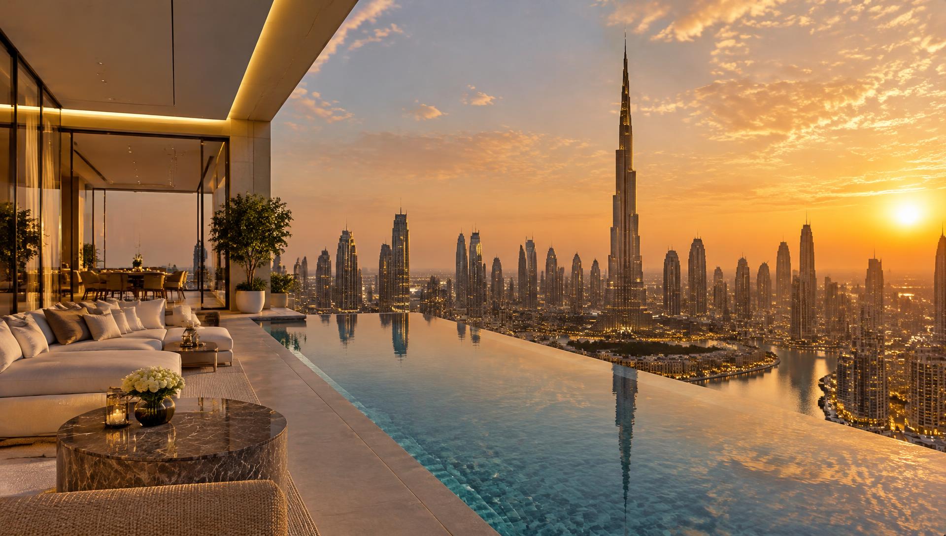 Dubai skyline from a luxury penthouse terrace